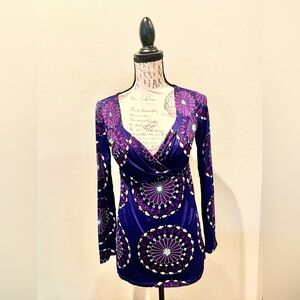 INC International Concepts Purple Floral Medallion V-Neck Long Sleeve Top
